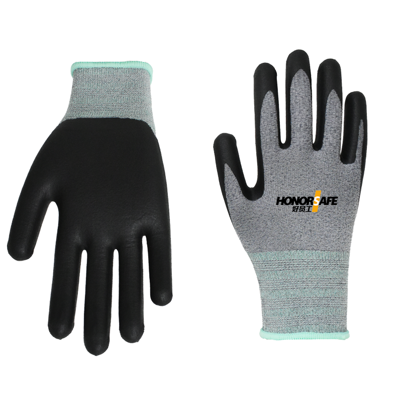 15 gauge high flex elastic knitted coated  gloves good with Grip micro foam with screen touch working