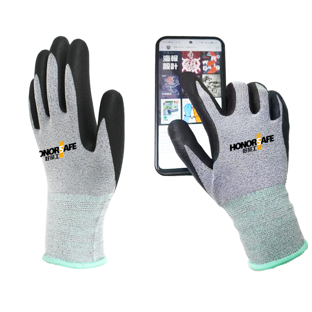 15 gauge high flex elastic knitted coated  gloves good with Grip micro foam with screen touch working