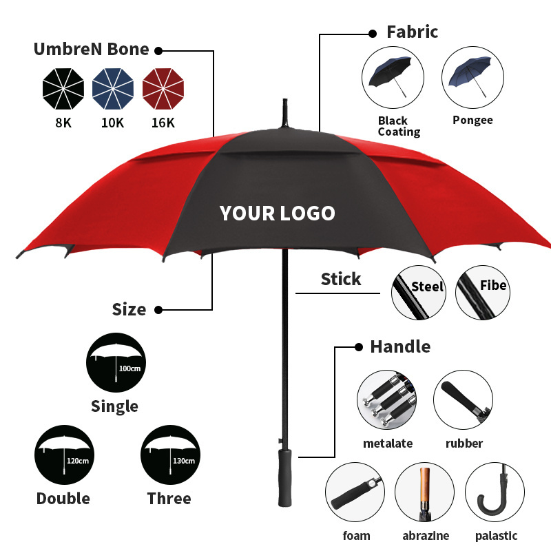 Custom Pongee WindProof Waterproof automatic double layer Straight stick Golf umbrella paraguas sombrillas with logo printing