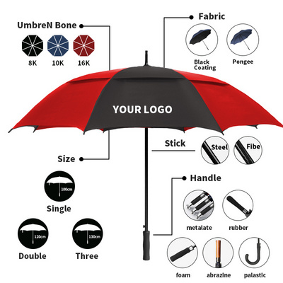 Custom Pongee WindProof Waterproof automatic double layer Straight stick Golf umbrella paraguas sombrillas with logo printing