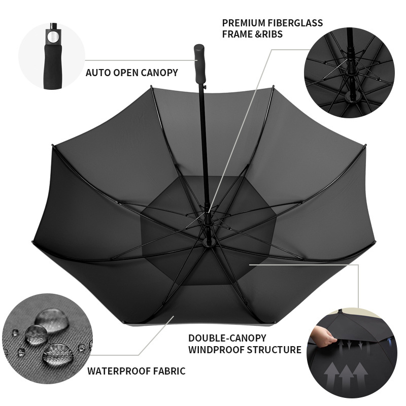 Custom Pongee WindProof Waterproof automatic double layer Straight stick Golf umbrella paraguas sombrillas with logo printing