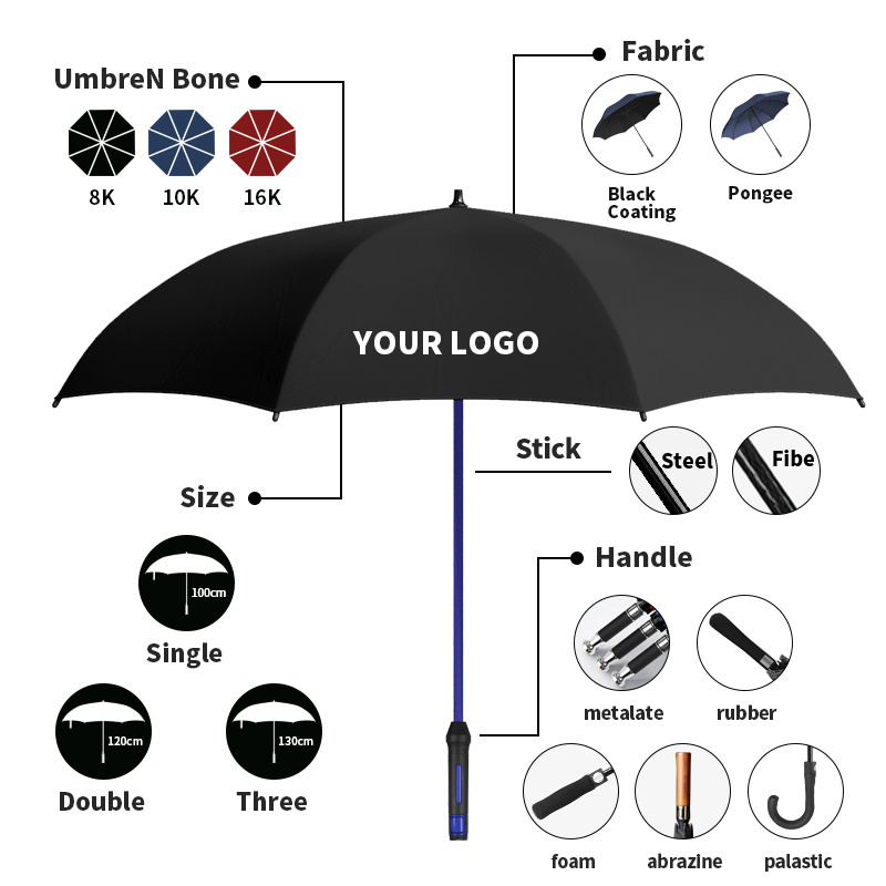 Factory custom double layer Pongee WindProof Semi-automatic Straight golf umbrella paraguas sombrillas Different Handles