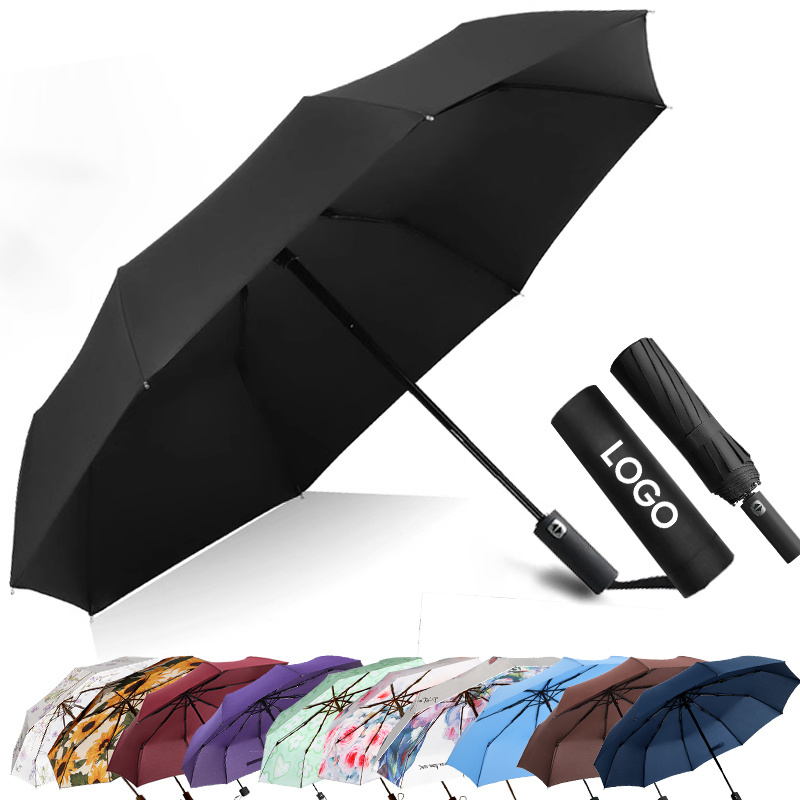 Custom logo Fully automatic umbrella windproof portable three folding paraguas sombrillas Umbrellas For Presents