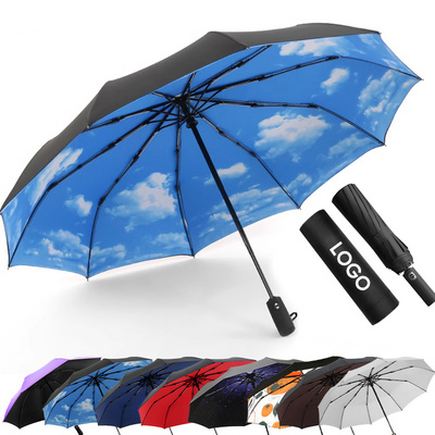 promotional cheap Custom travel fully-automatic double layer Windproof portable uv 3 folding umbrella with logo for rain