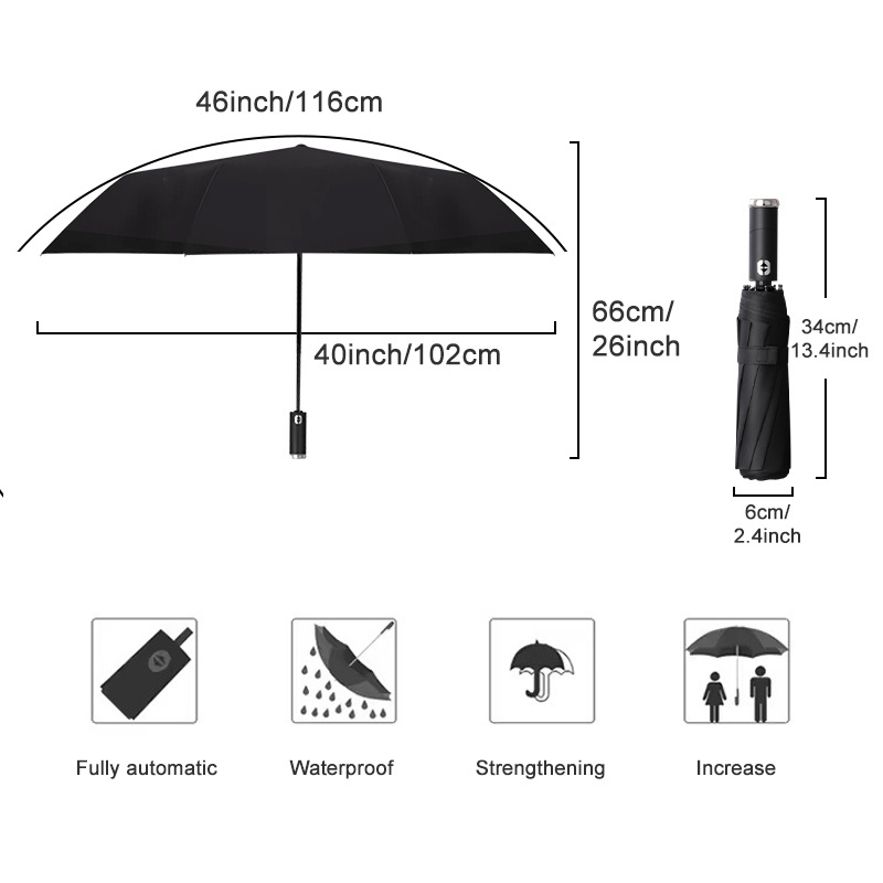 LED flashlight vinyl custom logo fully automatic Windproof three folding business umbrella with steerable led light