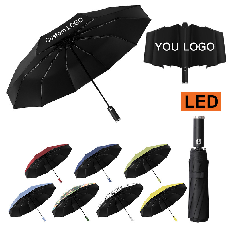 LED flashlight Water-Repellent custom logo cheap fully automatic Windproof three folding umbrella for the evening