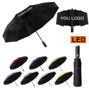 LED flashlight Water-Repellent custom logo cheap fully automatic Windproof three folding umbrella for the evening