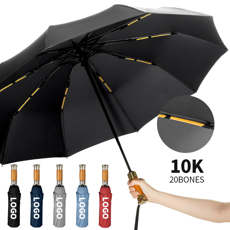 280T Pongee 3-folding Business 10K Auto sunshade paraguas custom logo fully automatic windproof umbrella with wood handle