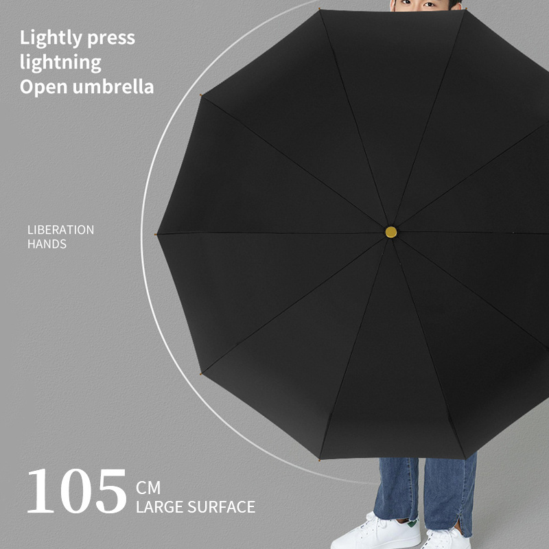 Enhanced Strong windproof sun rain Sunny Rainy Business custom logo 3-folding fully-automatic umbrella with wood handle