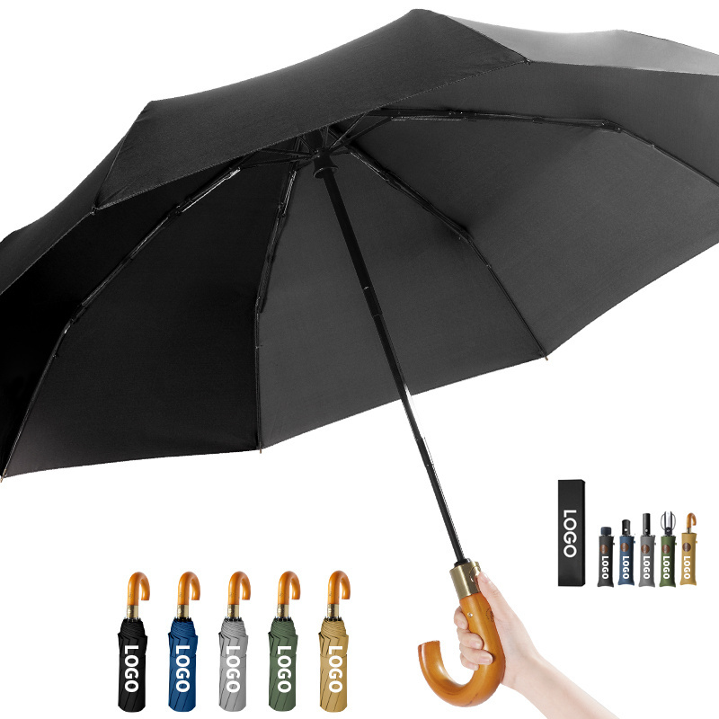 Enhanced Strong windproof sun rain Sunny Rainy Business custom logo 3-folding fully-automatic umbrella with wood handle