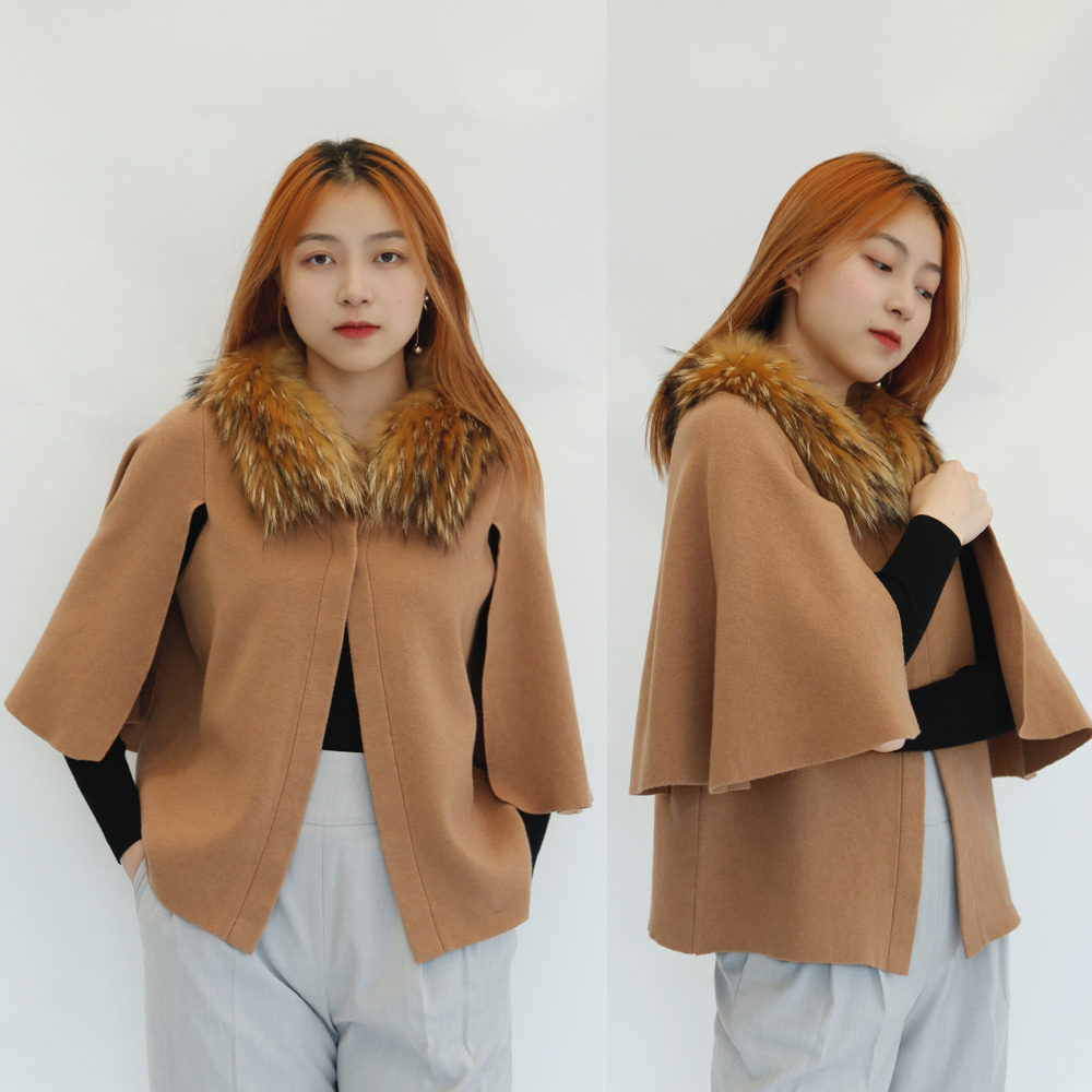 Winter Warm Women Faux Fur Collar Cape Stoles Poncho Wool Blended Fur Cape Shawl With Flared Sleeves