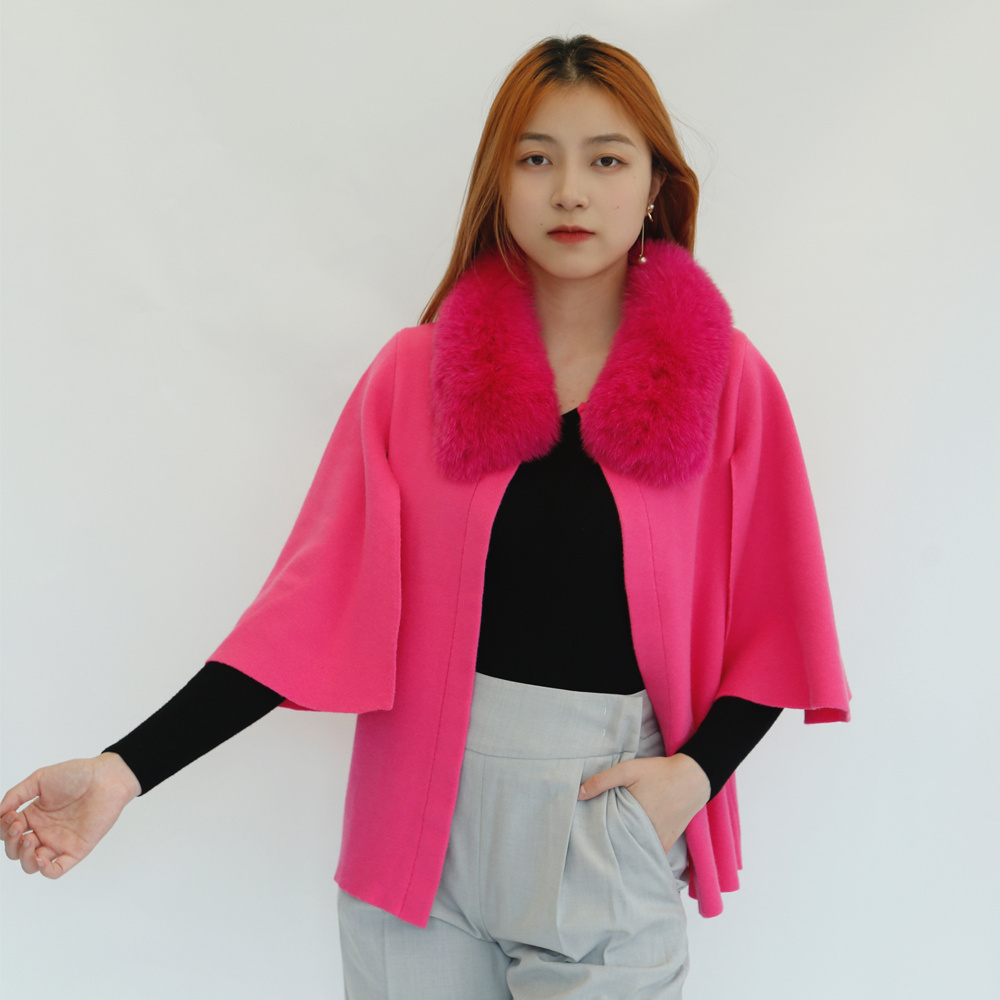 Winter Warm Women Faux Fur Collar Cape Stoles Poncho Wool Blended Fur Cape Shawl With Flared Sleeves