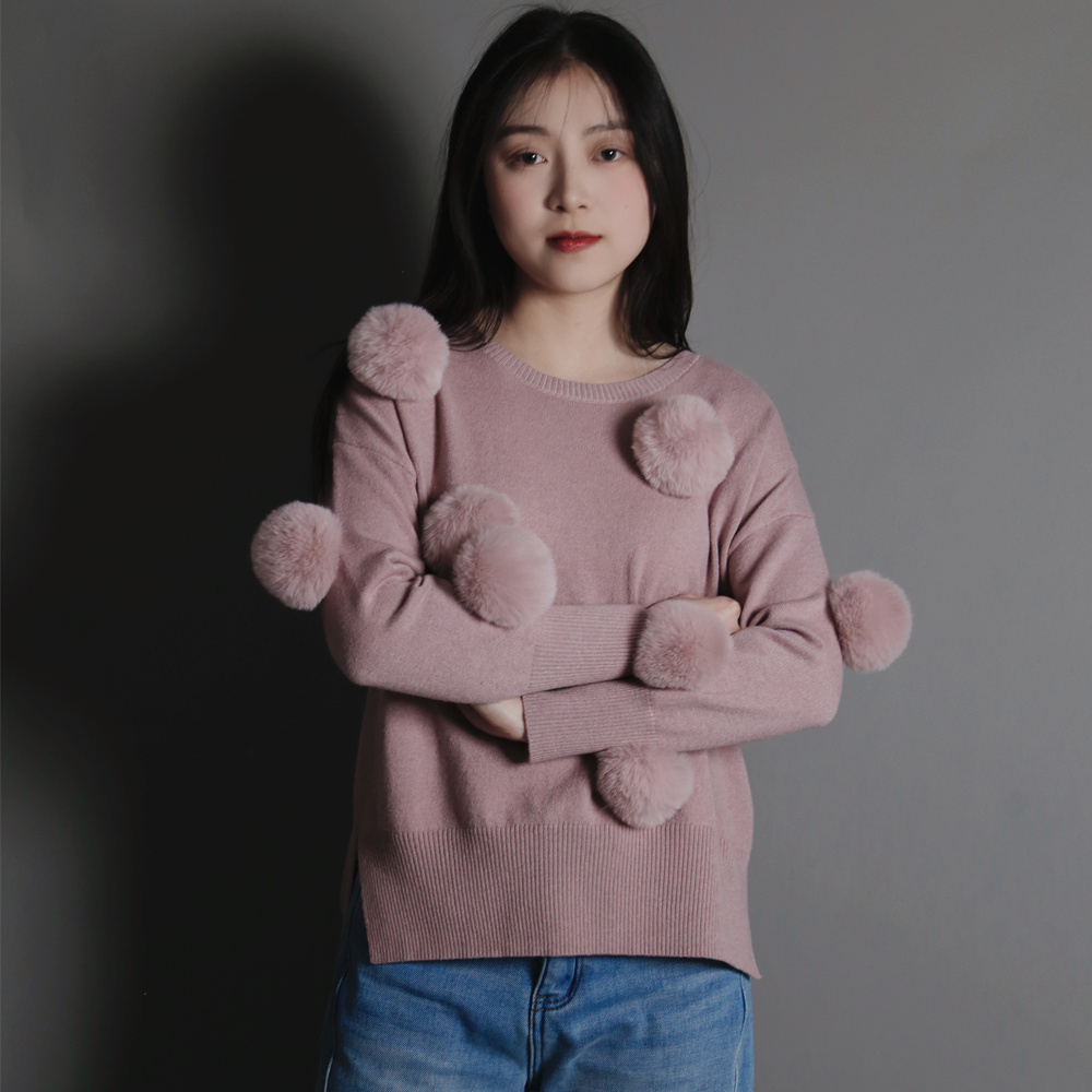 Women Knitted With Fox Fur Pom Pom Casual Long Sleeve Jumper Cute Sweater Wool Blended Pullover Top