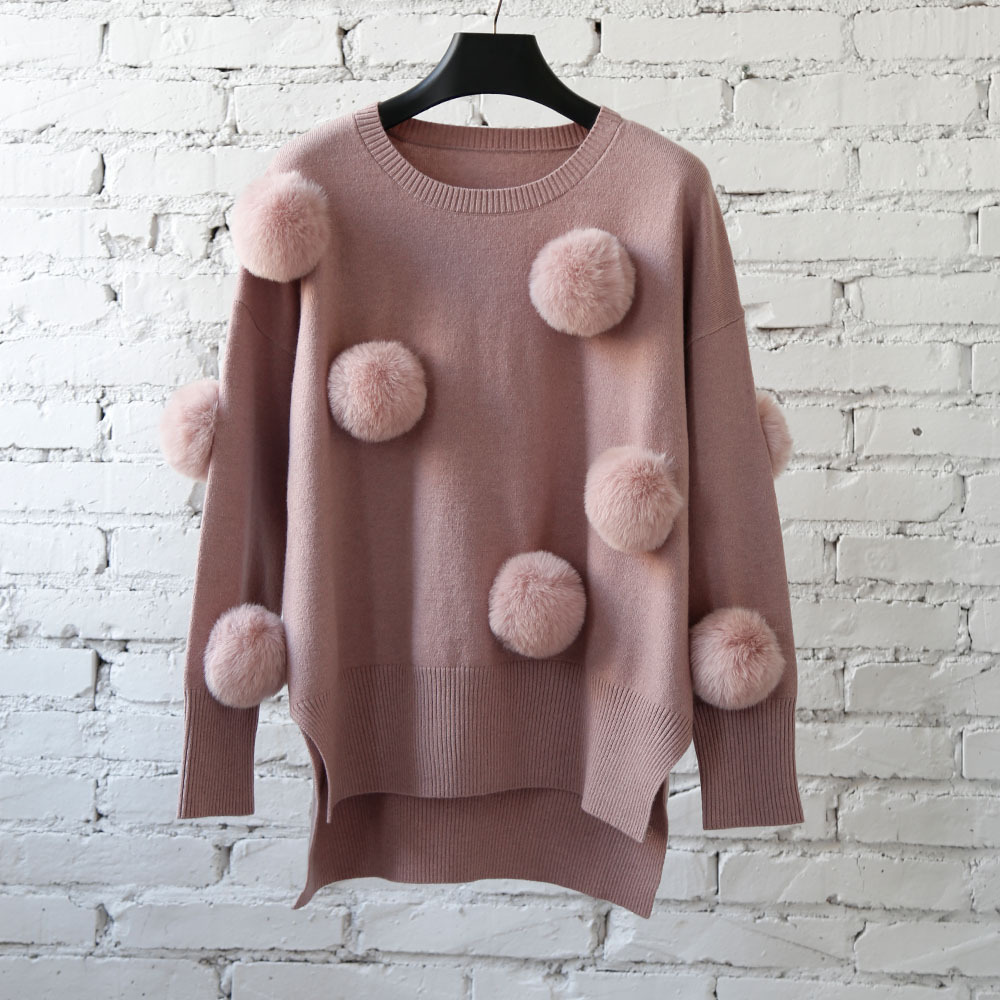 Women Knitted With Fox Fur Pom Pom Casual Long Sleeve Jumper Cute Sweater Wool Blended Pullover Top