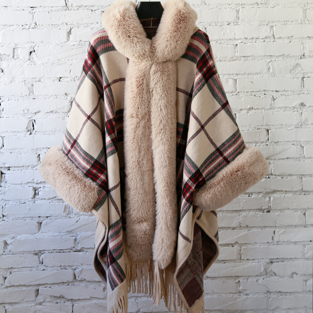 HOT SALE YARN DYED PLAID WOOL BLENDED HOODIE KNIT PONCHOS FOR WOMEN CAPE