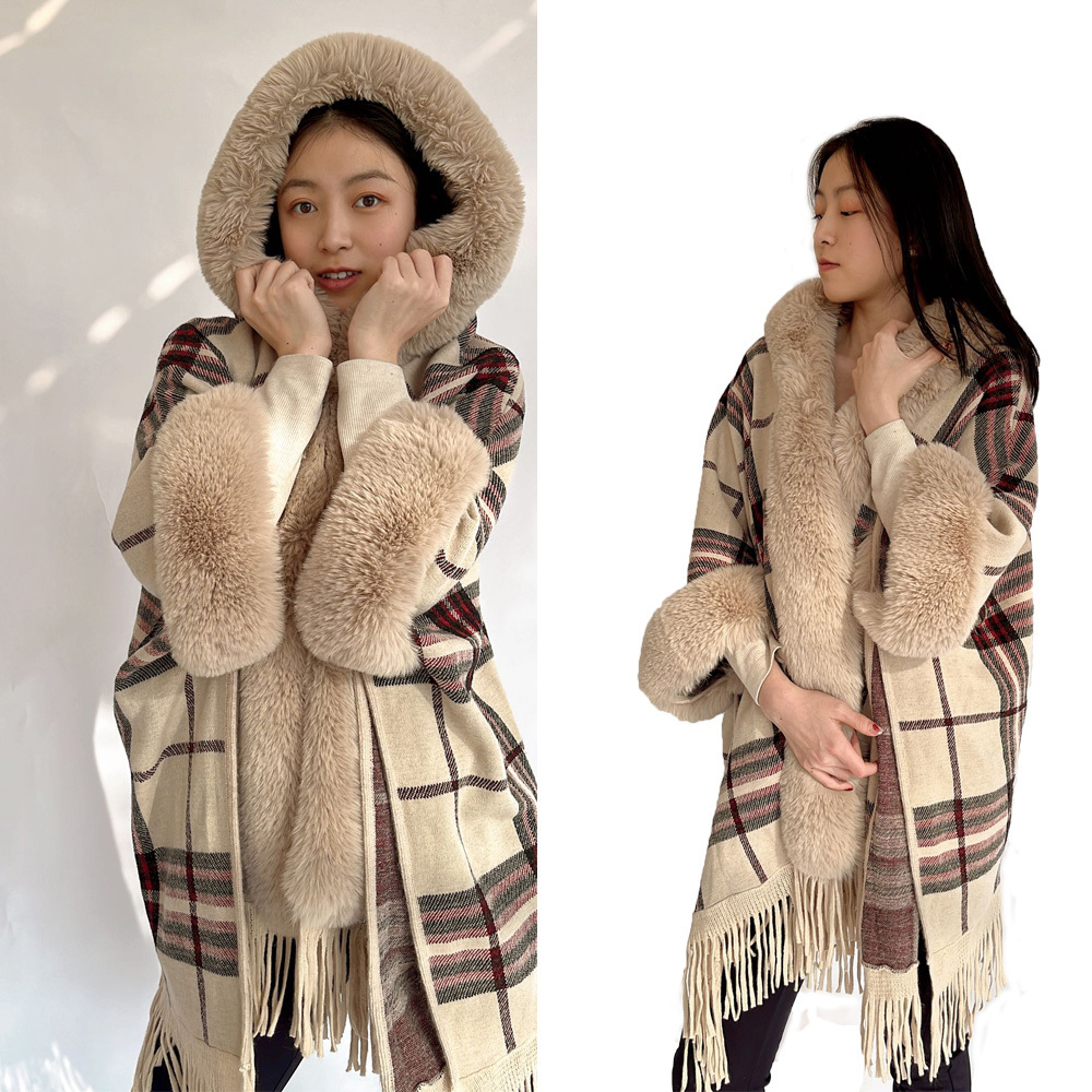 HOT SALE YARN DYED PLAID WOOL BLENDED HOODIE KNIT PONCHOS FOR WOMEN CAPE