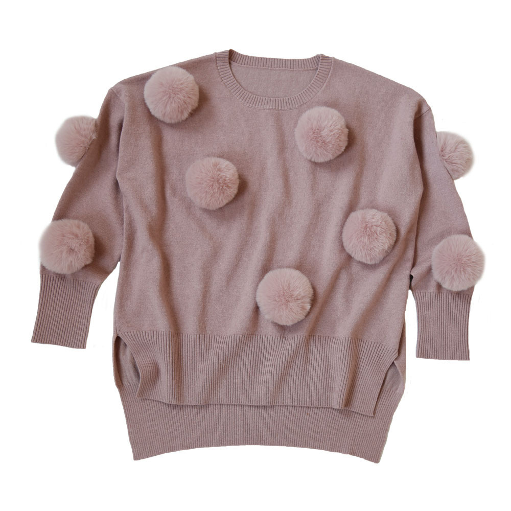 Women Knitted With Fox Fur Pom Pom Casual Long Sleeve Jumper Cute Sweater Wool Blended Pullover Top