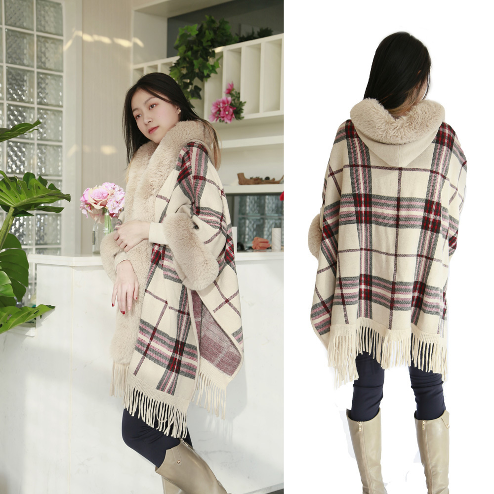 HOT SALE YARN DYED PLAID WOOL BLENDED HOODIE KNIT PONCHOS FOR WOMEN CAPE