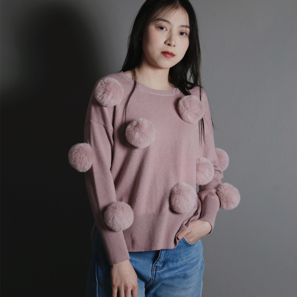 Women Knitted With Fox Fur Pom Pom Casual Long Sleeve Jumper Cute Sweater Wool Blended Pullover Top