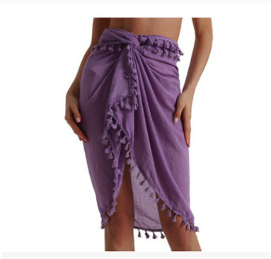 Sexy sheer black chiffon sunscreen cover up beach short skirt wrap with tassel sarong for women