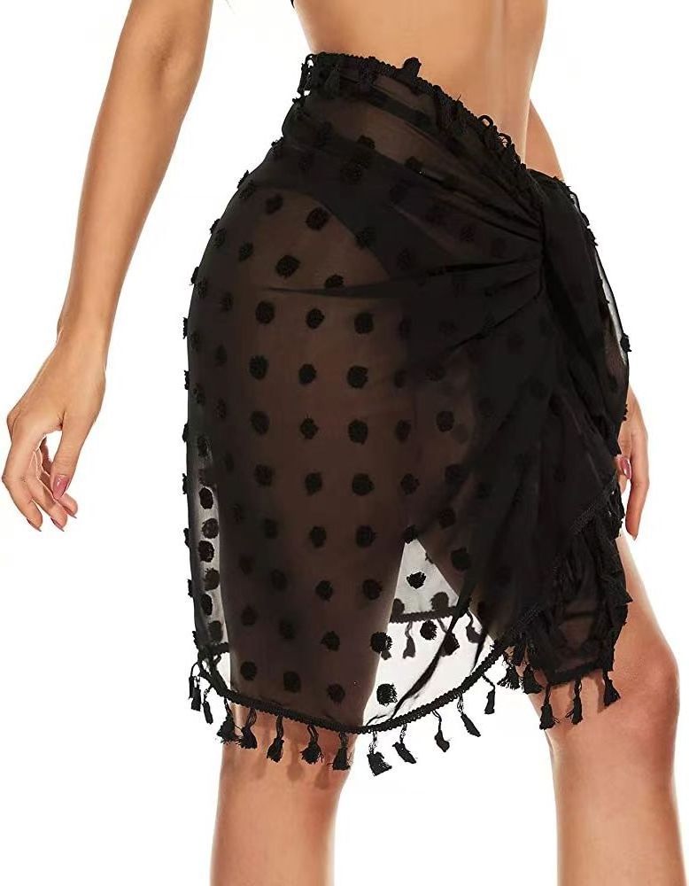 Sexy sheer black chiffon sunscreen cover up beach short skirt wrap with tassel sarong for women