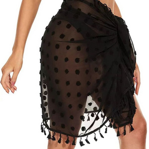 Sexy sheer black chiffon sunscreen cover up beach short skirt wrap with tassel sarong for women