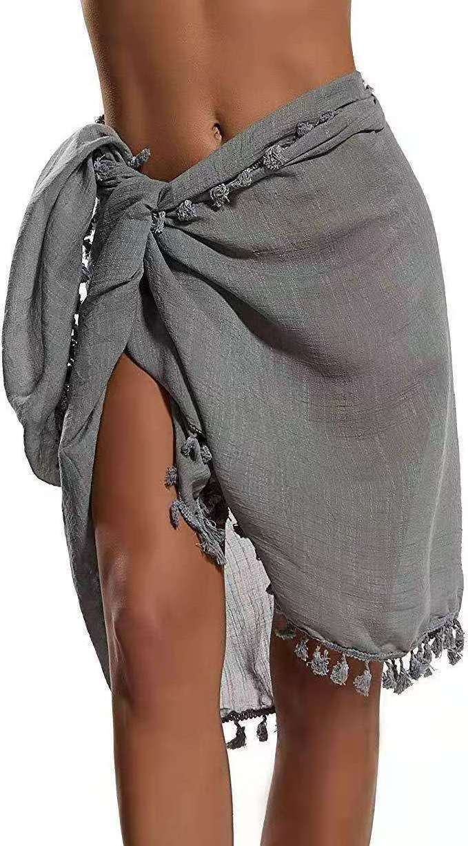 Sexy sheer black chiffon sunscreen cover up beach short skirt wrap with tassel sarong for women