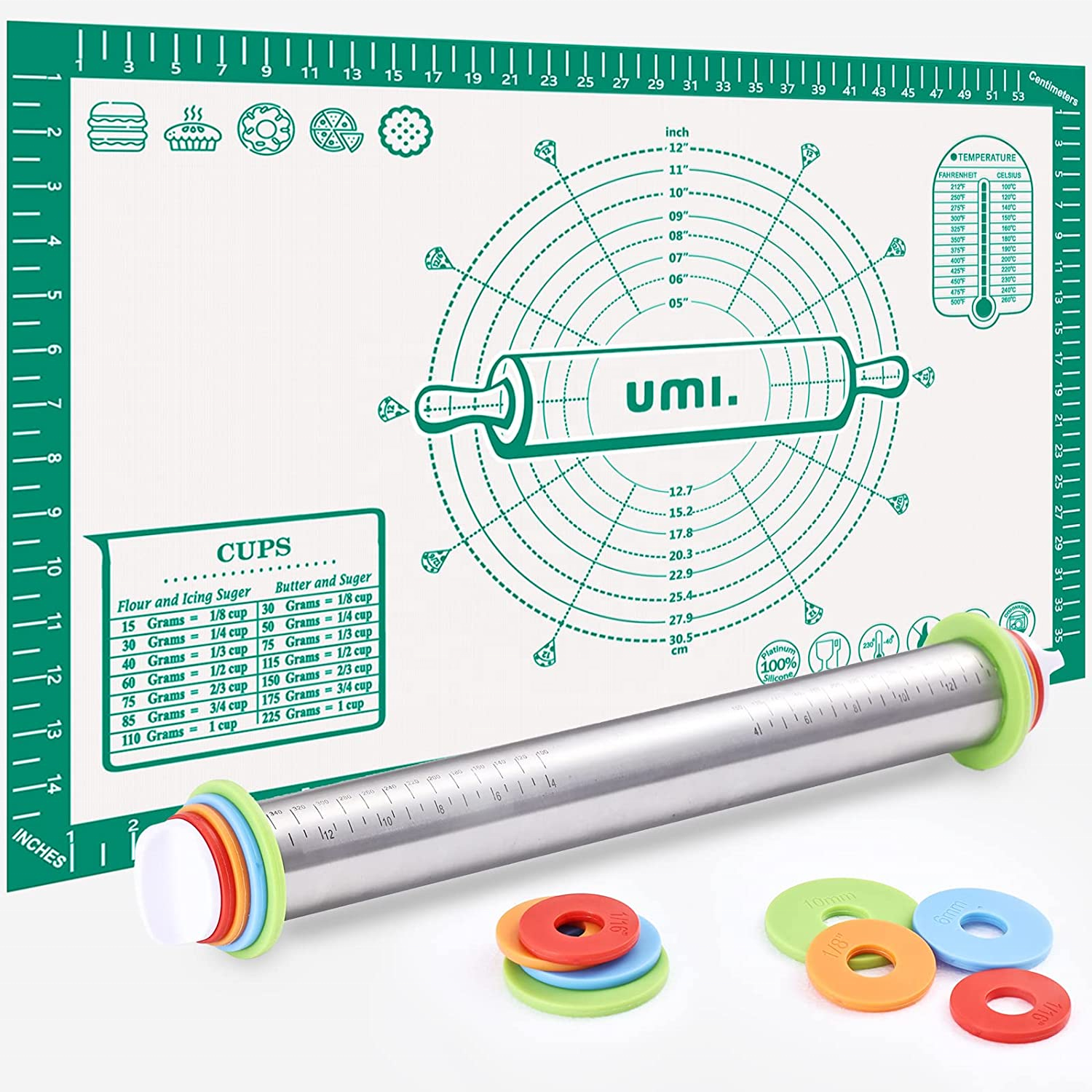 Rolling Pin and Silicone Baking Pastry Mat Set, Stainless Steel Dough Roller with Adjustable Thickness Rings