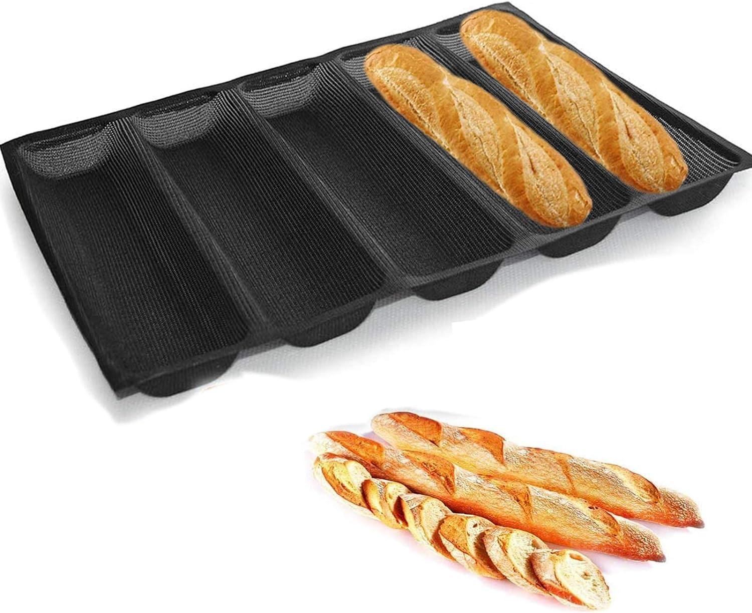 Hot Dog Molds Silicone Bread Forms Non Stick Bakery Trays For Roll Toasting 5 Loaves Nonstick Perforated Silicone Bread Pan,