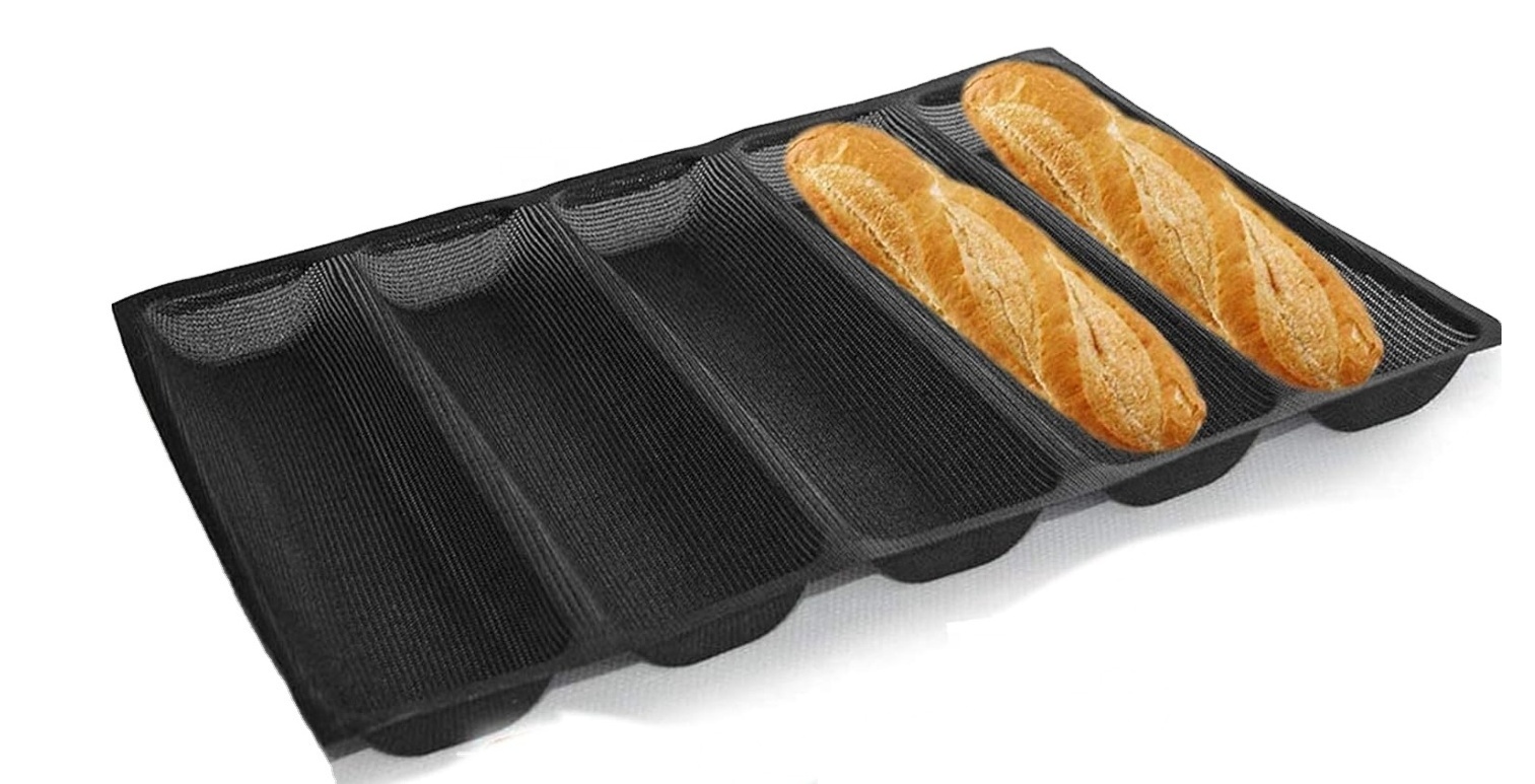 Hot Dog Molds Silicone Bread Forms Non Stick Bakery Trays For Roll Toasting 5 Loaves Nonstick Perforated Silicone Bread Pan,