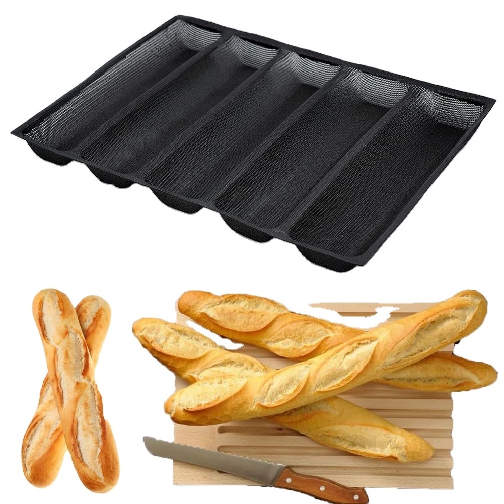 Hot Dog Molds Silicone Bread Forms Non Stick Bakery Trays For Roll Toasting 5 Loaves Nonstick Perforated Silicone Bread Pan,