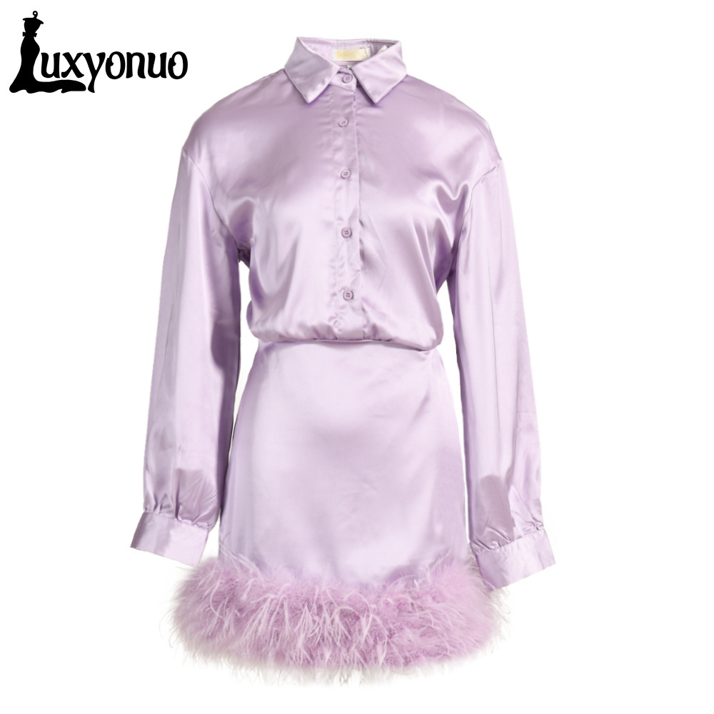 Spring Hot Sell Popular Fluffy Feather Skirt Set Wholesale Elegant Women Ostrich Purple Feather Dress