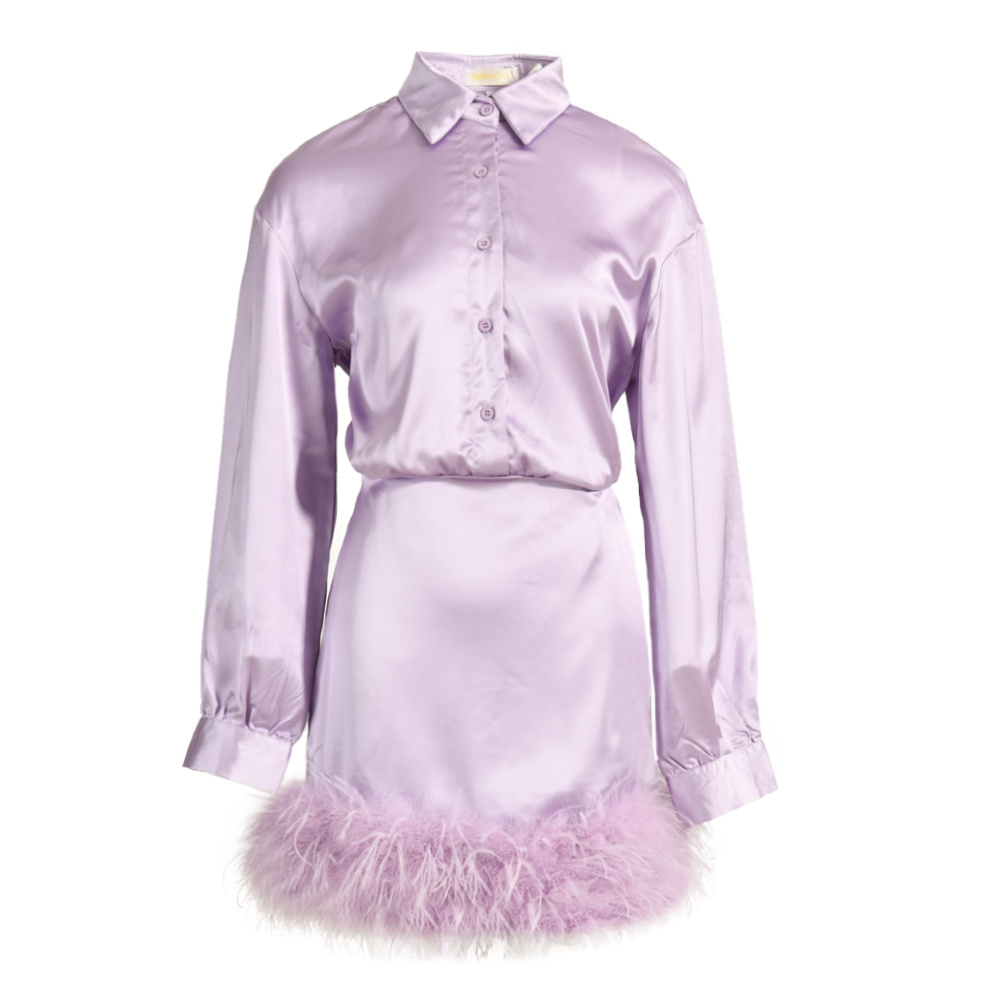 Spring Hot Sell Popular Fluffy Feather Skirt Set Wholesale Elegant Women Ostrich Purple Feather Dress