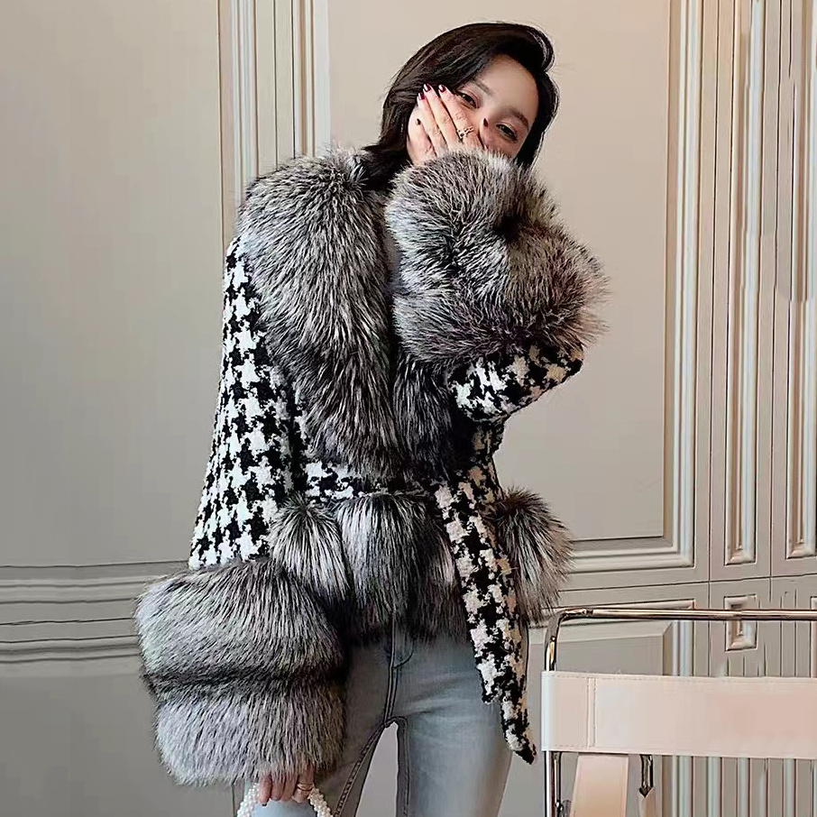 Luxury Wholesale Elegant Woolen Women Short Lined Front Real Fox Fur Trim Wool Jacket Cashmere Coat With Fur Collar and Cuff