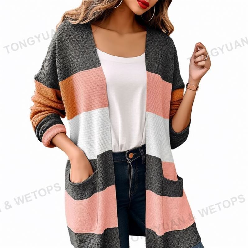 Womens Open Front Cardigans Striped Color Block Knit Womens Sweaters Cardigan With Pockets