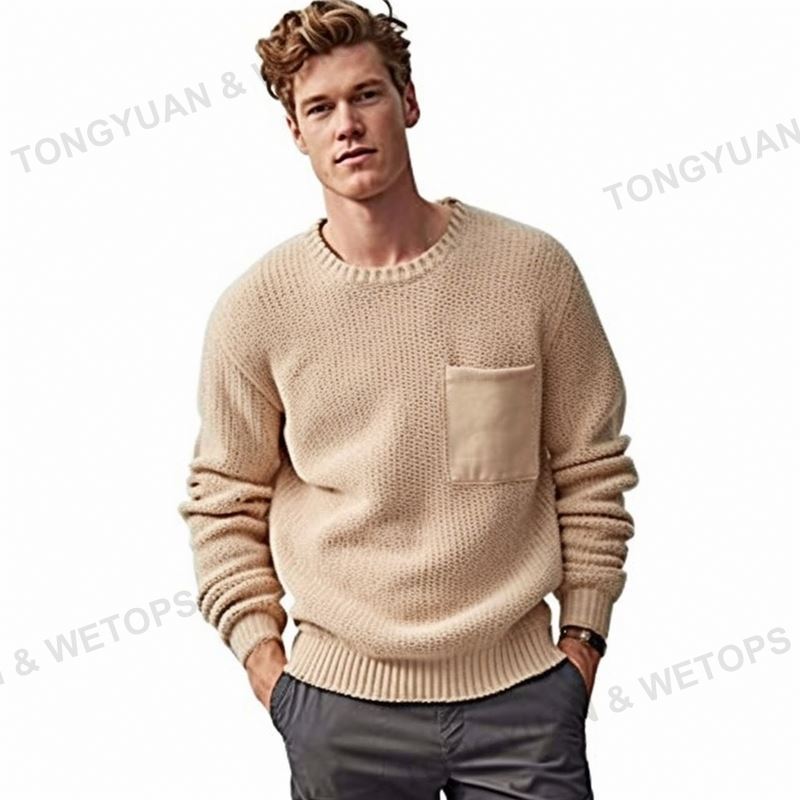 Men's Pullover Chunky Cotton Knit Plus Size Pullovers Polaire Ribbed Cuffs And Hem Distressed Pocket Crewneck Sweater