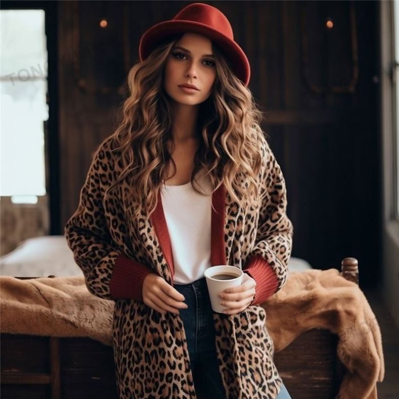 Autumn Winter Custom Cardigan Christmas Leopard Print Knitted Long Cardigan Women 2023 Style Open Pocket Sweater Tops Outwear