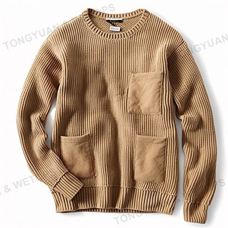 Men's Pullover Chunky Cotton Knit Plus Size Pullovers Polaire Ribbed Cuffs And Hem Distressed Pocket Crewneck Sweater