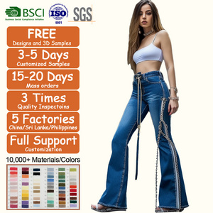 Plus Size Side Chain Patchwork Denim Jeans Women Flared Trousers High Waist Stretch Slim Ripped Jeans Cargo Pants Street Wear