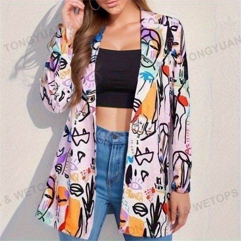 Custom Clothing Manufacturers Wholesale Logo Fashion Printed Casual Suit Mid-Length Jacket For Women