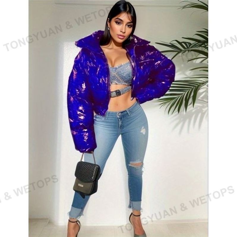 Custom Clothing PU Leather Puffier Shiny Vinyl Cotton Coat Cropped Puffer Jacket Zipper Stand Collar Waterproof Jackets