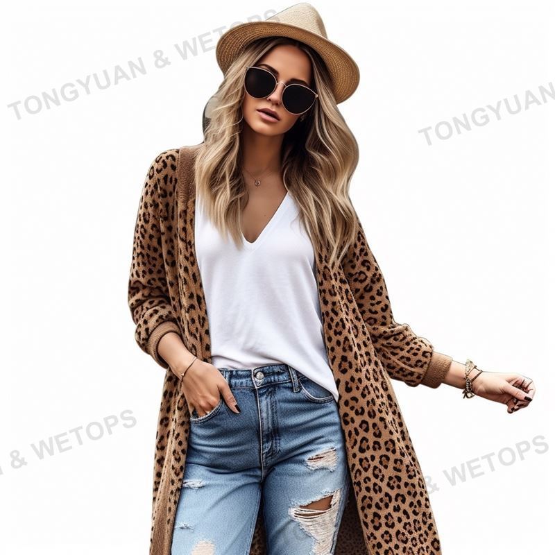 Autumn Winter Custom Cardigan Christmas Leopard Print Knitted Long Cardigan Women 2023 Style Open Pocket Sweater Tops Outwear