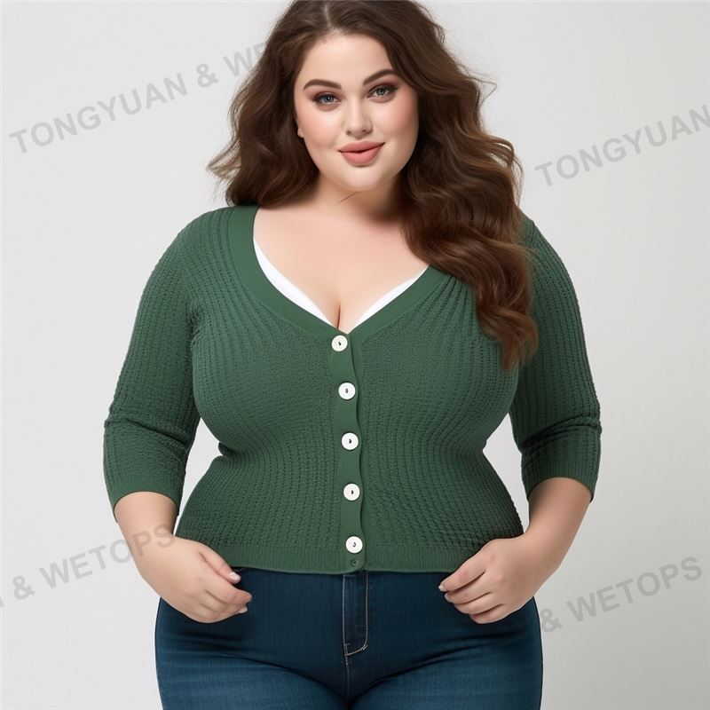 Womens Plus Size 2024 Wholesale Autumn White Green Puff 1/2 Sleeve Deep V Neck Button Front Crop Cardigan Sexy Women Sweater