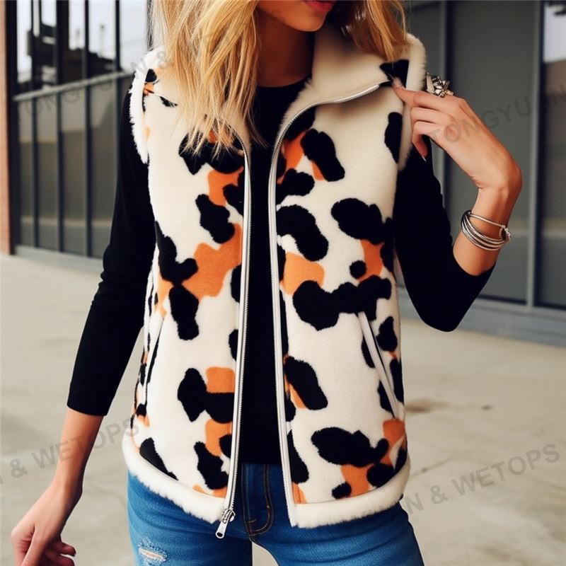 Plus Size High Quality Women's Cow Prints Winter Fashion Vest Jacket Sleeveless Causal Autumn Plush Zip Up Coat Jackets