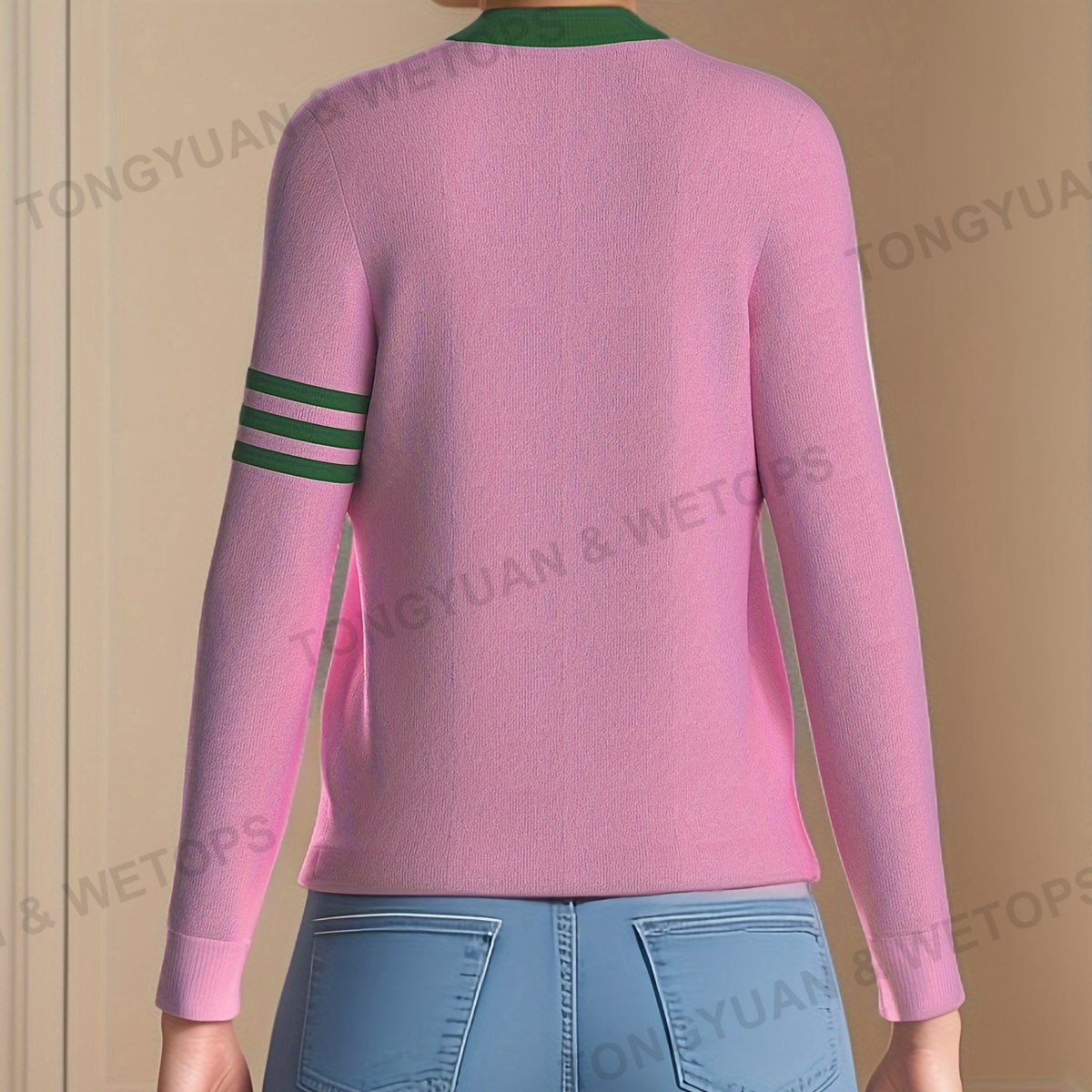 BSCI Custom Knit Ladies Sweater Varsity Salmon Pink Apple Green Sorority Greek Cardigan Sweater