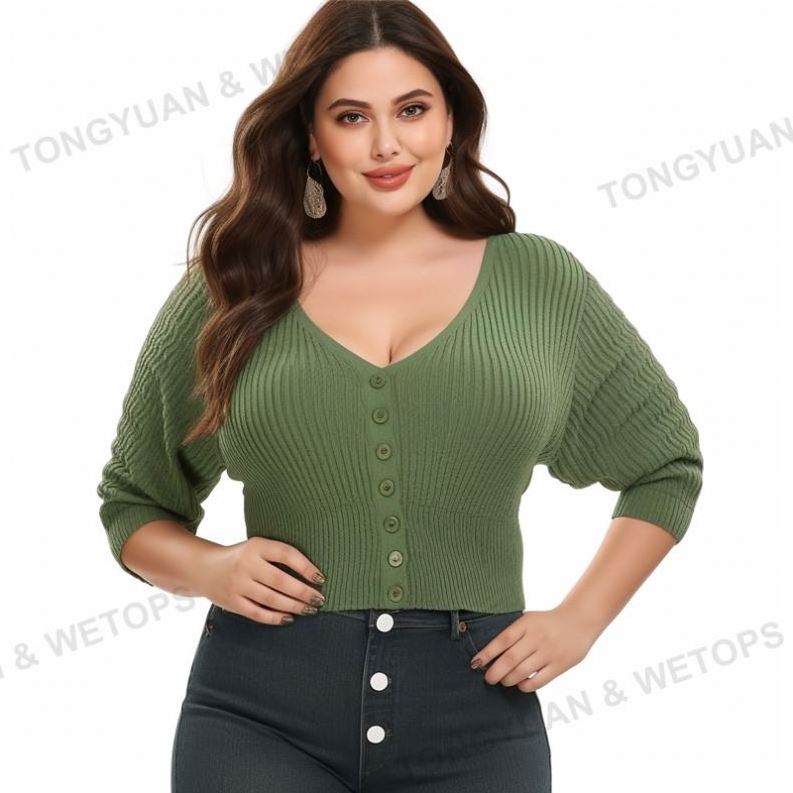 Womens Plus Size 2024 Wholesale Autumn White Green Puff 1/2 Sleeve Deep V Neck Button Front Crop Cardigan Sexy Women Sweater