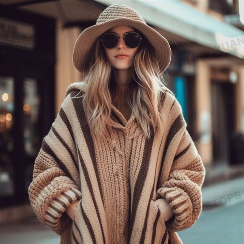 Sweater Manufacturers Striped Hoodie Wool Knitted Poncho Women's Chunky Cable Knit Oversized Cashmere Women Long Cardigan