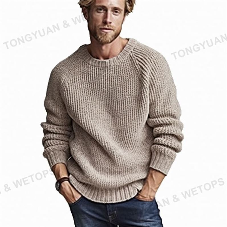 Men's Pullover Chunky Cotton Knit Plus Size Pullovers Polaire Ribbed Cuffs And Hem Distressed Pocket Crewneck Sweater