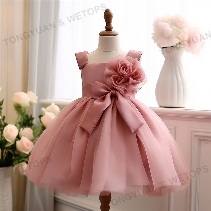 Custom Apparel Children's Dress Pink Sweet Backless Bow Girl Baby's First Birthday Dress Fluffy Girl Princess Dress