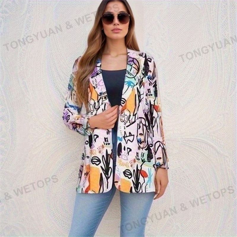 Custom Clothing Manufacturers Wholesale Logo Fashion Printed Casual Suit Mid-Length Jacket For Women